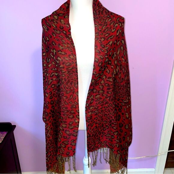 Pashmina Scarf Silk Blend Wrap Red Leopard Animal Print Fringe Shawl - Picture 1 of 10